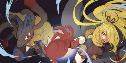 Rule 34 | 1girl, black background, blonde hair, breasts, clenched hand, creatures (company), cynthia (pokemon), cynthia (sygna suit) (aura) (pokemon), game freak, gen 4 pokemon, gloves, hair over one eye, large breasts, long hair, looking at viewer, lucario, medium breasts, mega lucario, mega pokemon, nintendo, official alternate costume, open mouth, outstretched arm, pokemon, pokemon (creature), pokemon masters ex, ponytail, red eyes, red gloves, tebukuro tette, very long hair, yellow fur