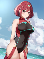 Rule 34 | 1girl, absurdres, arms behind back, black one-piece swimsuit, blue sky, blush, breasts, closed mouth, cloud, commentary, competition swimsuit, covered navel, cowboy shot, day, female focus, firin, highleg, highleg swimsuit, highres, large breasts, looking at viewer, matching hair/eyes, one-piece swimsuit, outdoors, pyra (pro swimmer) (xenoblade), pyra (xenoblade), red eyes, red hair, short hair, sky, solo, standing, swimsuit, taut clothes, taut swimsuit, tiara, water, xenoblade chronicles (series), xenoblade chronicles 2