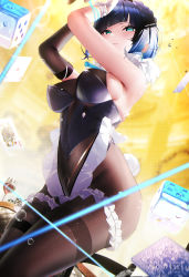 Rule 34 | 1girl, absurdres, animal ears, arms up, asymmetrical gloves, black pantyhose, blue hair, blue leotard, bracelet, breasts, bridal garter, card, cup, diagonal bangs, dice, drinking glass, fantongjun, floating card, frills, genshin impact, glint, gloves, green eyes, highres, jewelry, large breasts, leotard, mismatched gloves, pantyhose, playboy bunny, playing card, poker chip, queen (playing card), queen of diamonds, rabbit ears, rabbit tail, short hair, solo, tail, thighband pantyhose, uneven gloves, wine glass, yelan (genshin impact)