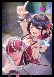 Rule 34 | 1girl, ;d, absurdres, arm up, azki (3rd costume) (hololive), azki (hololive), black hair, bow, collarbone, colored inner hair, dress, facial mark, glowstick, hair bow, highres, holding, holding microphone, hololive, idol, kairono3jou, microphone, multicolored hair, one eye closed, open mouth, pink hair, pointing, pointing up, purple eyes, short hair, sleeveless, sleeveless dress, smile, virtual youtuber