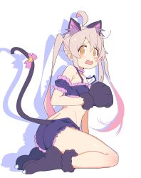 Rule 34 | 1girl, @ @, ahoge, animal ear fluff, animal ears, animal hands, ass, bare legs, bare shoulders, bell, black bra, black panties, blush, bow, bra, cat ears, cat tail, commentary, frilled bra, frilled panties, frills, from side, full body, genderswap, genderswap (mtf), gloves, hair between eyes, highres, jingle bell, long hair, looking at viewer, noyama takenoko, onii-chan wa oshimai!, oyama mahiro, panties, paw gloves, paw shoes, pink bow, pink hair, simple background, sitting, solo, sweatdrop, tail, tail bell, tail bow, tail ornament, underwear, wavy mouth, white background, yellow eyes