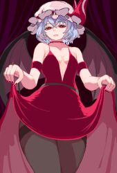 Rule 34 | 1girl, armlet, bat wings, black pantyhose, blue hair, choker, curtains, dress, hat, hat ribbon, holding, holding clothes, holding dress, mob cap, nukekip, open mouth, pantyhose, pink headwear, pixel art, red choker, red dress, red eyes, red nails, remilia scarlet, ribbon, sleeveless, sleeveless dress, smile, touhou, wings
