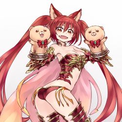 Rule 34 | 10s, 1girl, :d, animal ears, armor, ass, bad anatomy, bare shoulders, blush, breasts, butt crack, cerberus (shingeki no bahamut), chan co, cleavage, cowboy shot, dog ears, fang, gauntlets, granblue fantasy, hand puppet, long hair, looking at viewer, open mouth, puppet, red armor, red eyes, red hair, shingeki no bahamut, simple background, smile, solo, thighhighs, twintails, twisted torso, very long hair, white background
