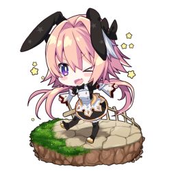 Rule 34 | 1boy, animal ears, astolfo (fate), astolfo (saber) (fate), astolfo (saber) (third ascension) (fate), blush stickers, chibi, commentary request, fang, fate/grand order, fate (series), full body, grass, long hair, long sleeves, looking at viewer, male focus, multicolored hair, one eye closed, open mouth, pantyhose, pink hair, purple eyes, rabbit ears, skin fang, solo, star (symbol), streaked hair, tajima yoshikazu, tongue, transparent background, trap, two-tone hair, white hair
