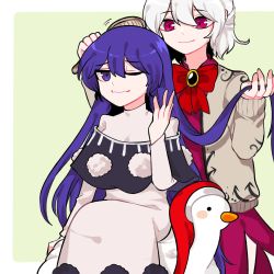 Rule 34 | 2girls, beige jacket, blue eyes, blue hair, bow, bowtie, braid, brushing hair, comb, doremy sweet, dress, french braid, green background, hand in another&#039;s hair, hat, unworn headwear, highres, kishin sagume, long hair, long sleeves, mindoll, multiple girls, one eye closed, pink eyes, pom pom (clothes), purple dress, red neckwear, santa hat, short hair, simple background, sitting, smile, touhou, very long hair, wavy mouth, white hair