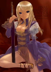 Rule 34 | 1girl, agrias oaks, blonde hair, braid, breasts, character name, cleavage, copyright name, dress, final fantasy, final fantasy tactics, frilled dress, frills, knight, large breasts, long hair, no panties, purple eyes, single braid, solo, sword, tooka, weapon