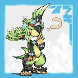 Rule 34 | 1girl, ?, bird, claws, crop top, detached sleeves, feather hair, feathers, finch (xenoblade), flat chest, full body, fur collar, futaba no taiko, gem, goggles, goggles on head, long hair, long sleeves, monster girl, nintendo, open mouth, simple background, solo, talons, toeless legwear, triangle mouth, xenoblade chronicles (series), xenoblade chronicles 2, xenoblade chronicles (series), xenoblade chronicles 2