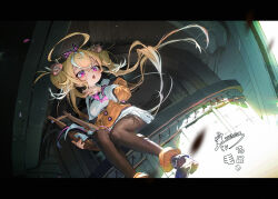 Rule 34 | 1girl, blonde hair, blush, breasts, brown footwear, brown pantyhose, commentary request, dated, dress, floating hair, full body, hair between eyes, hair ornament, hair scrunchie, han keshi chao mang de, hand up, highres, holding, holding instrument, instrument, jacket, letterboxed, long hair, long sleeves, lyre, medium breasts, multicolored hair, necktie, off shoulder, open mouth, orange jacket, original, pantyhose, pink necktie, purple eyes, scrunchie, signature, sitting, solo, streaked hair, twintails, very long hair, white dress