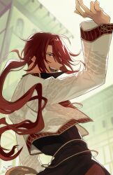 Rule 34 | 1boy, aaron wei, absurdres, ahoge, building, cropped jacket, curtained hair, eiyuu densetsu, floating clothes, floating hair, hair between eyes, highres, kuro no kiseki, looking at viewer, open mouth, outdoors, parted bangs, ponytail, red hair, reronart, smile, solo