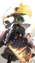 Rule 34 | 2boys, armor, arrow (projectile), black cape, black gloves, blue eyes, blue hair, braid, brown hair, byleth (fire emblem), byleth (male) (fire emblem), cape, claude von riegan, dagger, dark-skinned male, dark skin, earrings, fire emblem, fire emblem: three houses, garreg mach monastery uniform, gloves, greaves, hand up, heroes relic (fire emblem), highres, holding, holding sword, holding weapon, jewelry, knife, multiple boys, nintendo, sheath, sheathed, shiroi (shiroicbe), simple background, smile, standing, sword, sword of the creator, uniform, weapon, white background, yellow cape