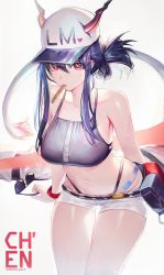 Rule 34 | 1girl, absurdres, arknights, bare shoulders, baseball cap, belt, bikini, black bikini, blue hair, breasts, ch&#039;en (arknights), ch'en (arknights), character name, chyan, commentary request, copyright name, cowboy shot, dragon horns, unworn eyewear, female tourist c (arknights), folded ponytail, grey background, hair between eyes, hat, heart, highres, holding, holding removed eyewear, horns, korean commentary, large breasts, long hair, looking at viewer, mouth hold, navel, official alternate costume, pouch, red eyes, short shorts, shorts, sidelocks, simple background, solo, stomach, sunglasses, sunglasses removed, swimsuit, thighs, white shorts