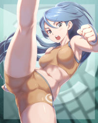Rule 34 | &gt;:o, 1girl, :o, armpits, bare arms, battle girl (pokemon), bike shorts, blue eyes, blue hair, blush, breasts, clenched hand, creatures (company), fighting stance, fingerless gloves, game freak, gloves, highres, kneepits, kous (onetwojustice), leg lift, leg up, long hair, looking at viewer, medium breasts, midriff, navel, nintendo, open mouth, pokemon, pokemon oras, ponytail, solo, sports bra, stomach, swept bangs, teeth, upper teeth only, v-shaped eyebrows, very long hair