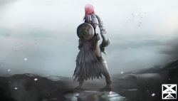 Rule 34 | 1girl, absurdres, armor, armored boots, asymmetrical clothes, boots, feather skirt, final fantasy, final fantasy xiii, from behind, full body, gauntlets, highres, holding, holding shield, holding sword, holding weapon, lightning farron, long skirt, looking afar, medium hair, pink hair, puddle, shield, skirt, solo, sword, thighs, weapon, xuuikie ashe