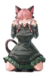 Rule 34 | 1girl, 3:, animal ear fluff, animal ears, black bow, black footwear, black nails, blunt bangs, blush, bow, braid, breasts, cat ears, cat girl, cat tail, claw pose, closed mouth, commentary, dress, eyelashes, fingernails, frilled dress, frilled sleeves, frills, frown, full body, gothic lolita, green dress, hair bow, hair over shoulder, hands up, highres, kaenbyou rin, large breasts, lolita fashion, long fingernails, long sleeves, looking at viewer, mahoro (minase mahoro), nail polish, red eyes, red hair, simple background, solo, squatting, straight-on, tail, touhou, tsurime, twin braids, white background
