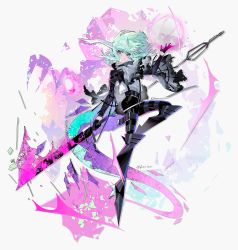 Rule 34 | 1boy, androgynous, arknights, belt, black gloves, black jacket, blonde hair, ascot, earrings, fire, gloves, green hair, half gloves, highres, horns, jacket, jewelry, kaninn, lio fotia, looking at viewer, male focus, polearm, promare, purple eyes, short hair, solo, spear, tail, trap, twitter username, weapon