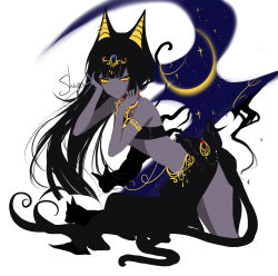 Rule 34 | 1girl, absurdres, animal ears, armlet, artist name, bandeau, black hair, cat ears, commentary request, earrings, egyptian, egyptian clothes, hand in own hair, hands up, headpiece, highres, jewelry, long hair, original, sarong, sheya, signature, simple background, solo, thighs, white background, yellow eyes