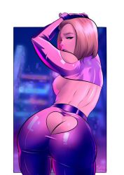 Rule 34 | 1girl, android 18, armpits, arms up, ass, ass cutout, blonde hair, blue eyes, bob cut, border, breasts, butt crack, clothing cutout, cowboy shot, dragon ball, dragonball z, feet out of frame, female focus, from behind, gloves, groin, half-closed eyes, heart cutout, highres, legs, looking at viewer, looking back, medium breasts, medium hair, nipples, revealing clothes, sexgazer, shoulder cutout, shrug (clothing), simple background, solo, standing, thighs, white border