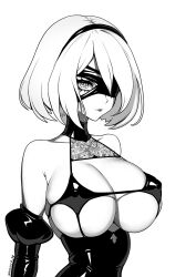 Rule 34 | 1girl, 2b (nier:automata), artist name, bare shoulders, blindfold, brassica, breasts, cleavage, collar, corset, covered erect nipples, detached sleeves, eyelashes, greyscale, hairband, highres, large breasts, lips, monochrome, nier:automata, nier (series), one eye covered, puffy detached sleeves, puffy sleeves, shadow, short hair, solo, upper body
