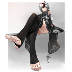 Rule 34 | 1girl, 2b (nier:automata), arm support, ass, bare shoulders, black blindfold, black kimono, black thighhighs, blindfold, bob cut, bow, breasts, crossed legs, detached sleeves, eiji (eiji), feet, foot focus, fox mask, from below, gloves, gradient background, grey hair, hairband, highres, japanese clothes, kimono, legs, long sleeves, looking afar, looking to the side, mask, mask on head, medium breasts, mole, mole under mouth, nier:automata, nier (series), obi, official alternate costume, parted lips, sash, short hair, sideboob, sitting, skindentation, sleeveless, sleeveless kimono, soles, solo, stirrup legwear, thighhighs, toeless legwear, toenails, toes, white background, white gloves