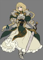 Rule 34 | 1girl, armor, armored dress, blonde hair, blue eyes, braid, breastplate, brown gloves, closed mouth, dress, floating hair, full body, gauntlets, gloves, green dress, grey background, holding, holding sword, holding weapon, kotatsu (g-rough), long hair, long sleeves, looking at viewer, armored boots, original, princess knight (kotatsu (g-rough)), simple background, sketch, smile, solo, sword, weapon