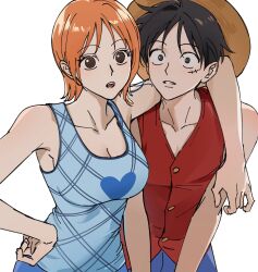Rule 34 | 1boy, 1girl, 41097772s, arm around neck, armpit crease, bare arms, bare shoulders, black hair, blue shorts, blue tank top, breasts, buttons, collarbone, facial scar, hand on own hip, hat, heart, highres, large breasts, looking at viewer, monkey d. luffy, nami (one piece), one piece, open mouth, orange hair, parted lips, red vest, scar, scar on cheek, scar on face, short hair, shorts, straw hat, tank top, teeth, upper body, upper teeth only, vest, white background, yellow headwear