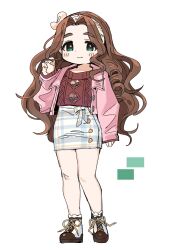 Rule 34 | 1girl, blue skirt, blush, brown hair, brown sweater, checkered clothes, checkered skirt, commentary, dot nose, full body, green eyes, hairband, hand up, highres, idolmaster, idolmaster cinderella girls, jacket, kusakabe wakaba, legs, long hair, long sleeves, looking at viewer, official alternate costume, open clothes, open jacket, parted bangs, pink jacket, playing with own hair, shoe strap, skirt, smile, solo, spawnfoxy, standing, sweater, thighs, very long hair, wavy hair, white background, white footwear, white hairband