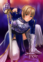Rule 34 | 00s, ahoge, armor, artoria pendragon (all), artoria pendragon (fate), blonde hair, fate/stay night, fate (series), green eyes, highres, kneeling, mimura kaoru, on one knee, saber (fate), solo, sword, torn clothes, weapon