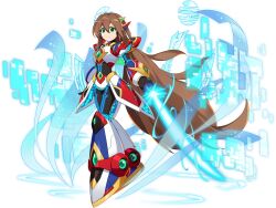 Rule 34 | 1girl, alternate costume, android, armor, bodysuit, brown hair, closed mouth, energy sword, faulds, full body, green eyes, hair ornament, highres, holding, holding weapon, hologram, iris (mega man), joints, long hair, looking away, mega man (series), mega man x4, mega man x (series), mega man x dive, mizuno keisuke, neon trim, official art, pauldrons, robot joints, serious, shoulder armor, sword, transparent background, very long hair, weapon