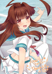 Rule 34 | 10s, 1girl, :d, ahoge, blush, brown eyes, brown footwear, brown hair, colored skin, fang, jewelry, kantai collection, ko yu, kuma (kancolle), long hair, neckerchief, open mouth, pleated skirt, red neckerchief, ring, sailor collar, school uniform, serafuku, shoes, short sleeves, sitting, skirt, smile, solo, thighhighs, wedding band, white skin, white thighhighs