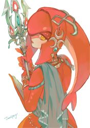 Rule 34 | 1girl, ancient greek clothes, bracelet, colored skin, commentary, english commentary, fins, fish girl, head fins, headpiece, highres, himation, holding, holding polearm, holding weapon, jewelry, looking at viewer, looking back, mipha, monster girl, multicolored skin, neck ring, nintendo, no eyebrows, parted lips, polearm, red lips, red skin, signature, solo, the legend of zelda, the legend of zelda: breath of the wild, trident, turippy, two-tone skin, upper body, weapon, white background, white skin, yellow eyes, zora