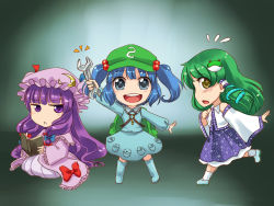 Rule 34 | 3girls, ^^^, backpack, bag, blue bow, blue eyes, blue footwear, blue hair, blue ribbon, book, boots, bow, chibi, commentary, crescent, crescent hair ornament, danmaku!!, detached sleeves, dress, frilled dress, frilled sleeves, frills, frog hair ornament, from side, green eyes, green hair, hair bobbles, hair ornament, hair ribbon, hair tubes, hat, hat ribbon, japanese clothes, jitome, kawashiro nitori, key, kneeling, kochiya sanae, legs apart, long hair, looking at viewer, m. beatriz garcia, miko, mob cap, multiple girls, open book, pajamas, patchouli knowledge, purple eyes, purple hair, reading, red bow, red ribbon, ribbon, round teeth, rubber boots, running, simple background, skirt, skirt set, snake, snake hair ornament, standing, striped clothes, striped dress, sweatdrop, teeth, touhou, twintails, two side up, very long hair, wide sleeves, wrench