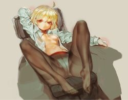 Rule 34 | 1girl, ahoge, blonde hair, bow, bow panties, breasts, brown eyes, chair, crotch seam, feet, feet on chair, head tilt, knight run, looking at viewer, lying, no bra, no shoes, on back, open clothes, open shirt, panties, panties under pantyhose, pantyhose, pray meyer, shirt, short hair, simple background, small breasts, solo, spread legs, thighband pantyhose, underwear, yd (orange maru)