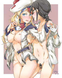 Rule 34 | 10s, 2017, 2girls, belt, beret, black hair, blonde hair, blue belt, blue eyes, blue hair, blush, breasts, colored pubic hair, commandant teste (kancolle), dated, falco arrow, female admiral (kancolle), female pubic hair, gloves, hat, highres, kantai collection, long hair, looking at another, multicolored hair, multiple girls, navel, nipples, open clothes, open shirt, pubic hair, pussy, red hair, saliva, saliva trail, scarf, shirt, signature, streaked hair, striped clothes, striped scarf, white gloves, white hair, white shirt, yuri