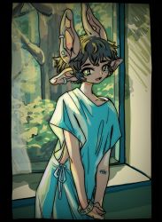 Rule 34 | + +, 1boy, :d, androgynous, black border, black hair, border, cowboy shot, earclip, earrings, extra ears, glass, green eyes, head tilt, highres, hospital band, hospital gown, jewelry, looking at viewer, open mouth, original, shima (wansyon144), short hair, short sleeves, smile, solo, tree, yellow pupils
