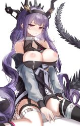 Rule 34 | 1girl, absurdres, arknights, bare shoulders, black dress, black thighhighs, breasts, cleavage cutout, clothing cutout, curly hair, dress, garter straps, headgear, highres, horns, lactation, large breasts, looking at viewer, mizuhashi parusui, purple eyes, purple hair, simple background, single thighhigh, sitting, solo, tail, thighhighs, typhon (arknights), wariza, white background