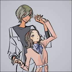 Rule 34 | 2girls, belt, blending, blue ribbon, brown hair, closed mouth, coat, commentary, ebizuka tomo, girls band cry, grey background, grey hair, grey shirt, hair between eyes, hairband, hashtag-only commentary, height difference, highres, holding hands, long hair between eyes, long sleeves, m no harawata, mole, mole under eye, multicolored hair, multiple girls, neck ribbon, orange eyes, pink coat, pink hairband, ribbon, roots (hair), rupa (girls band cry), shirt, sleeves past wrists, white belt, yellow eyes, yuri