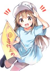 Rule 34 | 10s, 1girl, :d, arm up, black footwear, blue shirt, blush, boots, brown eyes, brown shorts, character name, clothes writing, commentary request, fingernails, flag, flat cap, hair between eyes, hat, hataraku saibou, hisama kumako, holding, holding flag, knee boots, light brown hair, long hair, notice lines, open mouth, platelet (hataraku saibou), round teeth, shirt, short shorts, short sleeves, shorts, simple background, smile, solo, teeth, upper teeth only, very long hair, white background, white hat