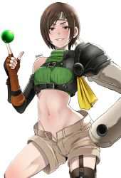 Rule 34 | 1girl, absurdres, armor, asymmetrical gloves, black hair, breasts, brown eyes, brown hair, butcha-u, commentary request, cowboy shot, crop top, elbow gloves, final fantasy, final fantasy vii, final fantasy vii remake, fingerless gloves, gloves, hand on own hip, headband, highres, holster, index finger raised, looking at viewer, materia, midriff, navel, ninja, open fly, short hair, shorts, shoulder armor, signature, single bare shoulder, single elbow glove, small breasts, smirk, solo, square enix, teeth, thigh holster, turtleneck, v-shaped eyebrows, yuffie kisaragi