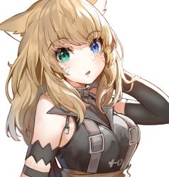Rule 34 | 1girl, akizone, animal ears, warrior of light (ff14), bare shoulders, blonde hair, blue eyes, blush, breasts, cat ears, cat girl, commentary, detached sleeves, final fantasy, final fantasy xiv, green eyes, hair between eyes, heterochromia, large breasts, long hair, looking at viewer, miqo&#039;te, open mouth, original, simple background, solo, upper body, wavy hair, white background