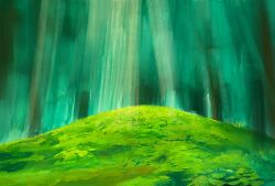Rule 34 | aerial (aerial 30), blurry, blurry background, dappled sunlight, forest, grass, highres, hill, leaf, nature, no humans, original, painting (medium), plant, sunlight, traditional media, tree