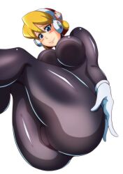 Rule 34 | 1girl, absurdres, alia (mega man), android, ass, ass focus, blonde hair, blue eyes, bodysuit, breasts, capcom, gloves, highres, kotatuman dash, large breasts, lying, mega man (series), mega man x (series), robot, robot ears, smile, solo, thick thighs, thighs, tight clothes, white background, white gloves
