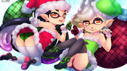 Rule 34 | 2girls, alternate costume, arm up, artist name, ass, bag, bare shoulders, bent over, black footwear, black hair, black thighhighs, blue background, blush, born-to-die, callie (splatoon), christmas, detached collar, domino mask, dress, earrings, fangs, female focus, flat chest, from behind, full body, fur trim, gloves, gradient hair, green headwear, green panties, grey hair, hand up, hands up, hat, highres, jewelry, kneeling, knees together feet apart, licking, long hair, looking at viewer, looking back, marie (splatoon), mask, mole, mole under eye, multicolored hair, multiple girls, nintendo, open mouth, orange eyes, outstretched arm, panties, pantyshot, patreon, patreon username, pink panties, pointy ears, red dress, red headwear, santa costume, santa hat, shiny skin, shoes, short dress, short hair, signature, simple background, sitting, skindentation, smile, splatoon (series), strapless, strapless dress, teeth, tentacle hair, text focus, thighhighs, tongue, tongue out, twintails, underwear, upskirt, v, watermark, white gloves, white thighhighs