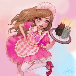 Rule 34 | 1girl, anklet, apron, blue eyes, bow, brown hair, cake, candle, cat, commentary request, dress, food, footwear bow, hand on own hip, heart, heart-shaped pupils, high heels, highres, holding, holding tray, jewelry, junya17live, long hair, maid, maid headdress, medium dress, multicolored eyes, name tag, open mouth, original, pink apron, pink dress, plaid, plaid apron, puffy short sleeves, puffy sleeves, purple eyes, safety pin, short sleeves, signature, smile, solo, standing, standing on one leg, symbol-shaped pupils, symbol in eye, thighhighs, tray, wavy hair, white thighhighs