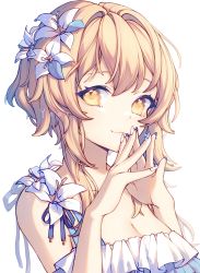 Rule 34 | 1girl, :3, absurdres, anny (yoai), artist name, bare shoulders, blonde hair, blue nails, breasts, cleavage, closed mouth, flower, frills, genshin impact, hair flower, hair intakes, hair ornament, hands up, highres, looking at viewer, lumine (genshin impact), multicolored nails, nail art, nail polish, own hands together, short hair with long locks, simple background, sleeveless, smile, solo, steepled fingers, white background, white flower, white nails, yellow eyes