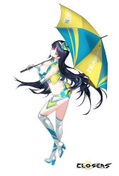 Rule 34 | 1girl, alternate color, ass, bare shoulders, black hair, boots, breasts, choker, cleavage, closers, crop top, cropped vest, elbow gloves, full body, gloves, high heel boots, high heels, highres, holding, holding umbrella, large breasts, long hair, looking at viewer, looking back, micro shorts, midriff, mirae (closers), non-web source, official art, open clothes, race queen, red eyes, shorts, sleeveless, solo, thigh boots, thighhighs, thighs, umbrella, very long hair, vest
