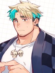Rule 34 | 1boy, aqua hair, averting eyes, bara, black hair, blonde hair, blush, checkered coat, closed mouth, facial hair, facial mark, fidgeting, forehead mark, goatee stubble, grid background, hagiography, highres, jewelry, looking down, male focus, multicolored hair, necklace, shirt, short hair, sideburns stubble, skull necklace, solo, stubble, sweatdrop, thick eyebrows, tokyo houkago summoners, upper body, white shirt