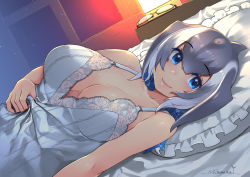 Rule 34 | 1girl, blue eyes, blue whale (kemono friends), breasts, cleavage, closed mouth, commentary request, dated, unworn eyewear, glasses, grey hair, hair between eyes, happa (cloverppd), indoors, kemono friends, large breasts, looking at viewer, lying, on back, on bed, pillow, short hair, smile, solo