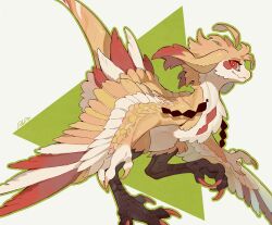 Rule 34 | animal focus, bright pupils, bul (moiko), claws, commission, creature, feathered wings, from side, green outline, highres, looking at viewer, no humans, orange nails, original, outline, raptor, red eyes, signature, simple background, smile, solo, tail, talons, two-tone background, white background, white pupils, wings