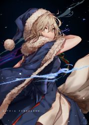 Rule 34 | 1girl, artoria pendragon (all), artoria pendragon (fate), black cola, blue cape, blue dress, blue hat, brown eyes, cape, character name, commentary request, covered mouth, dress, fate/grand order, fate (series), fur-trimmed cape, fur-trimmed headwear, fur trim, glowing, glowing sword, glowing weapon, hair between eyes, hat, highres, holding, holding sword, holding weapon, light brown hair, looking at viewer, pleated dress, santa alter, santa hat, signature, solo, sword, v-shaped eyebrows, weapon