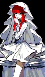 Rule 34 | 1girl, absurdres, bad id, bad twitter id, black background, black eyes, colored skin, commentary, dress, english commentary, hand up, highres, katherine (buttoniris), long hair, long sleeves, looking at viewer, original, red hair, smile, solo, standing, tsu (lovesick1964), veil, white dress, white skin